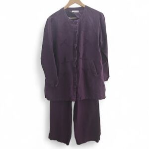 Marla Kim Ramie Rayon Embroidered Jacket Pants Set Purple Sz L Minimalist Resort